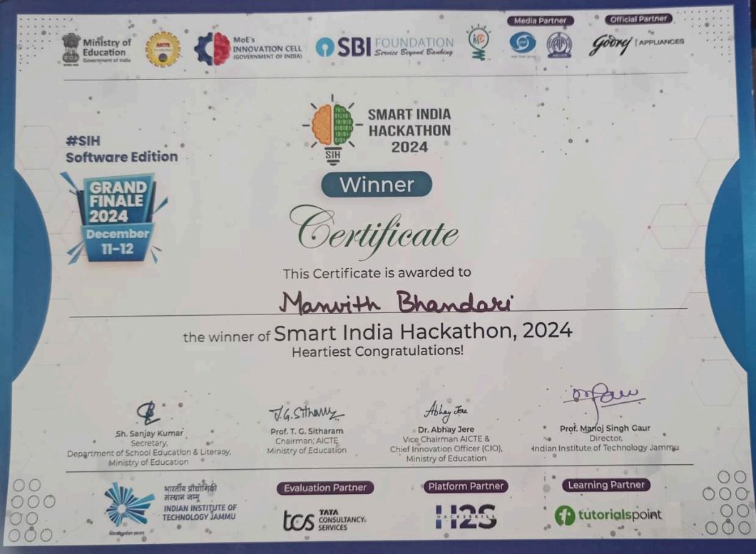 Smart India Hackathon 2024 winning certificate